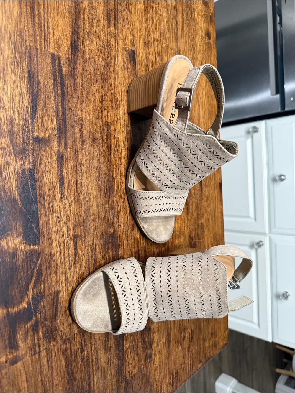 Women's Taupe Perforated Block Heel Sandals with Ankle Strap